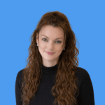 portrait picture showing Anna York, AI search visibility consultant with a blue background